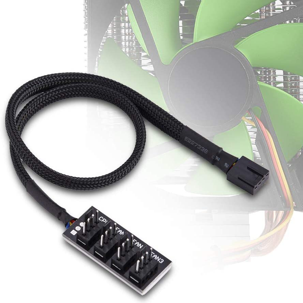 Lüfter-Splitterkabel mit Lüfter und Hintergrund. Kabel hat CPU, FAN1, FAN2, FAN3 Anschlüsse.