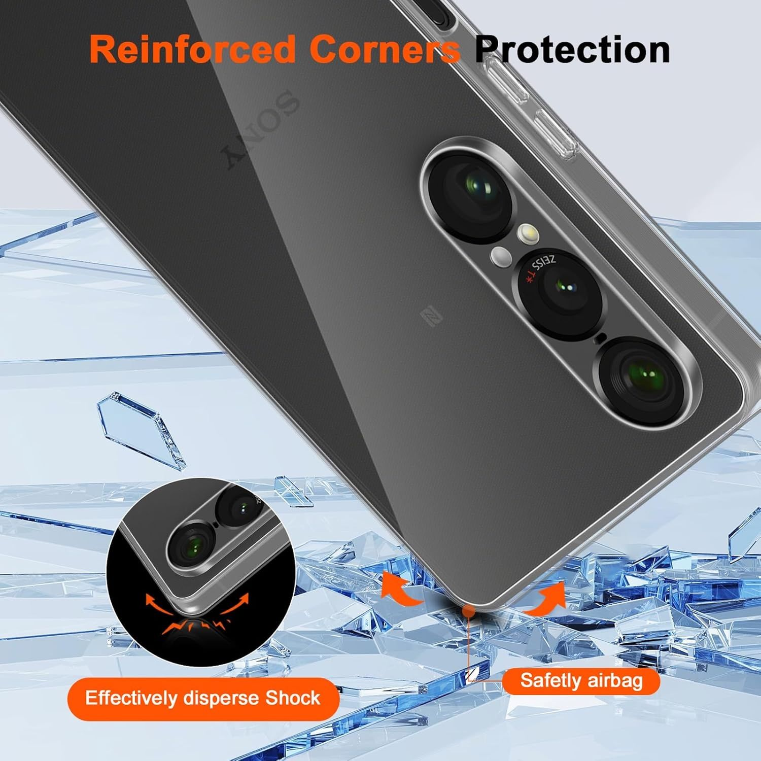 Teléfono en una funda transparente, con texto sobre esquinas reforzadas y protección de airbag.