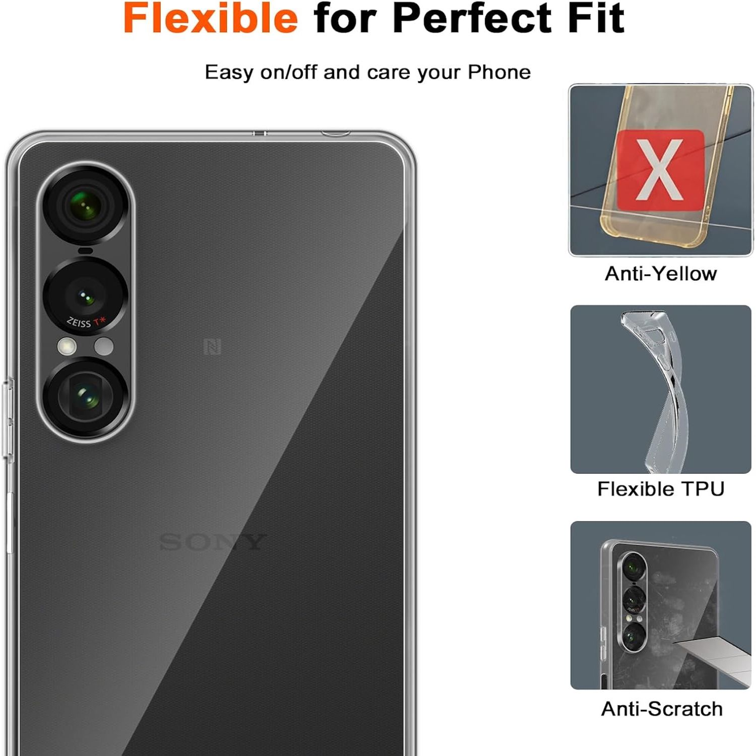 Funda transparente para teléfono con teléfono. Se muestran características anti-amarillo, TPU flexible y anti-arañazos.