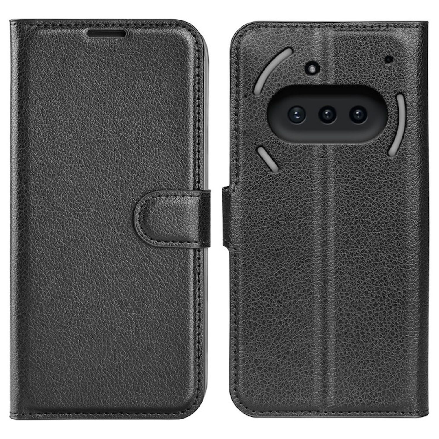 Schwarze Telefonhülle, geschlossen und offen. Lederähnliche Textur, mit Magnetverschluss. Telefon sichtbar.