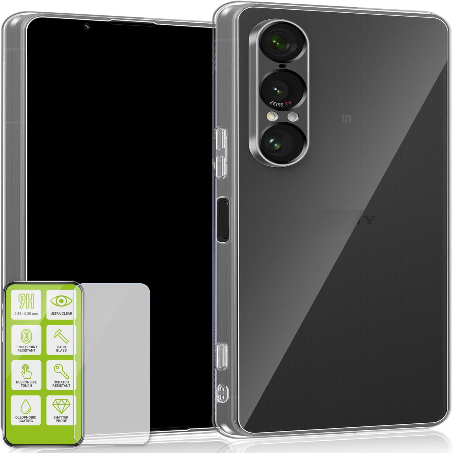 Una funda transparente para teléfono con un teléfono dentro y un protector de pantalla. Sobre fondo blanco.