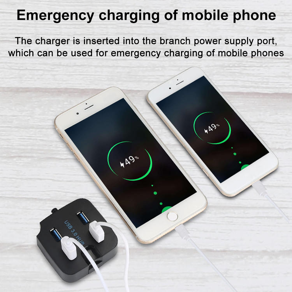 Zwei Telefone laden über einen USB-Hub. Jedes Telefon zeigt 49 % Ladung an.