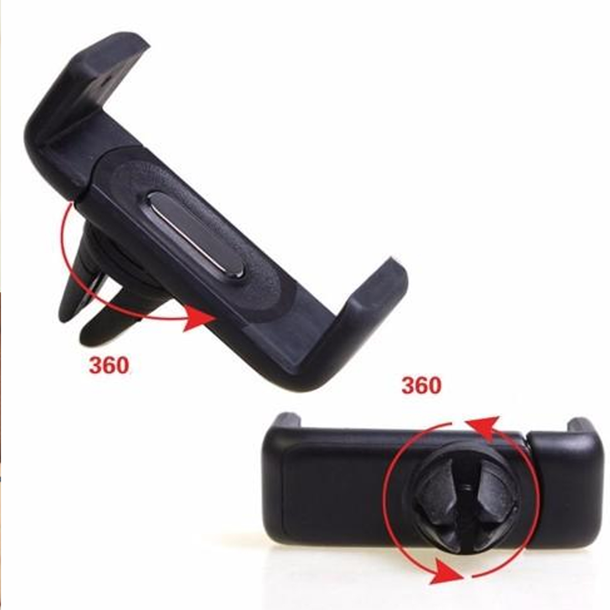 Zwei Autotelefonhalter, einer montiert, einer demontiert. Pfeile zeigen die 360-Grad-Drehung.