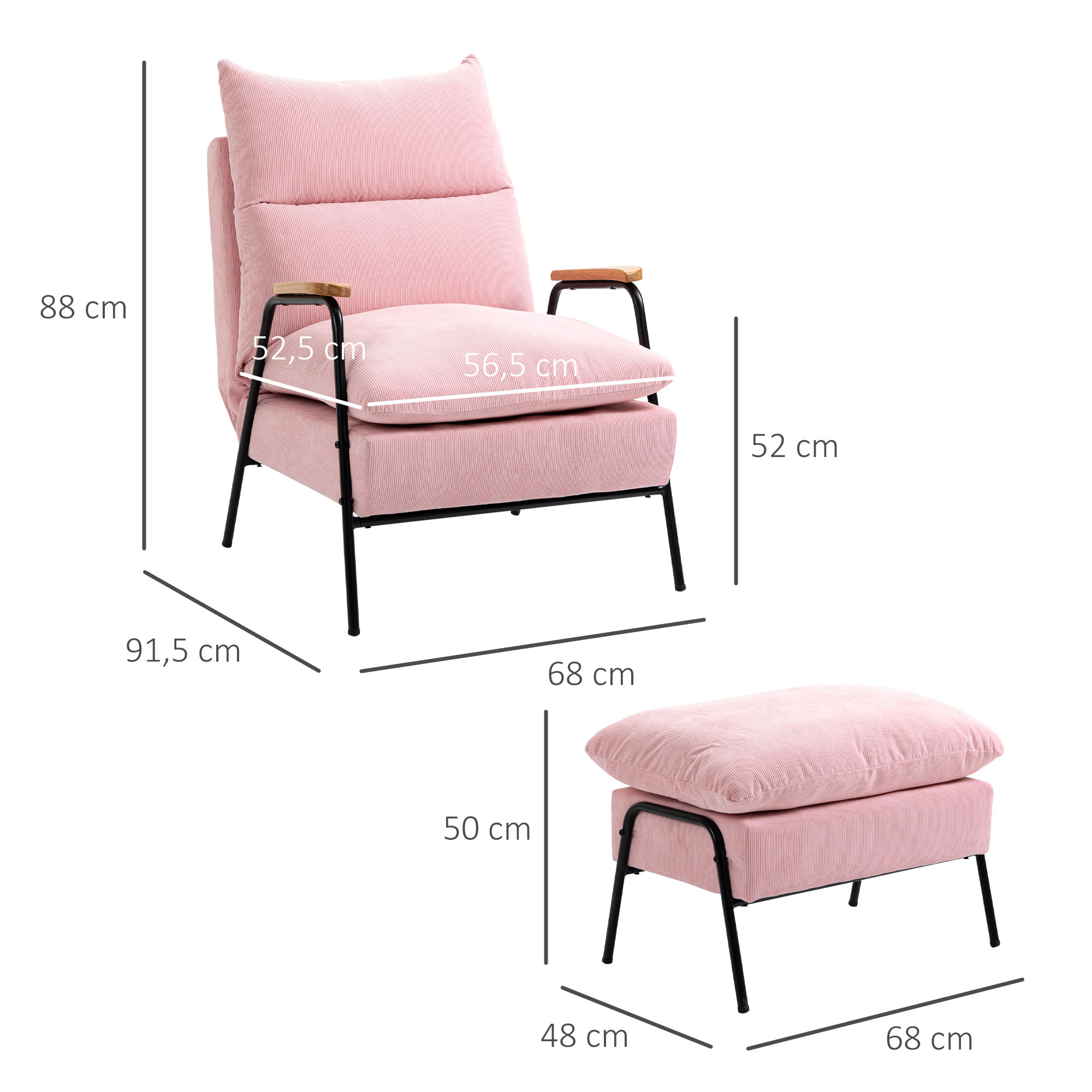 Rosa Sessel und Fußstütze mit schwarzen Beinen und Holzarmlehnen.