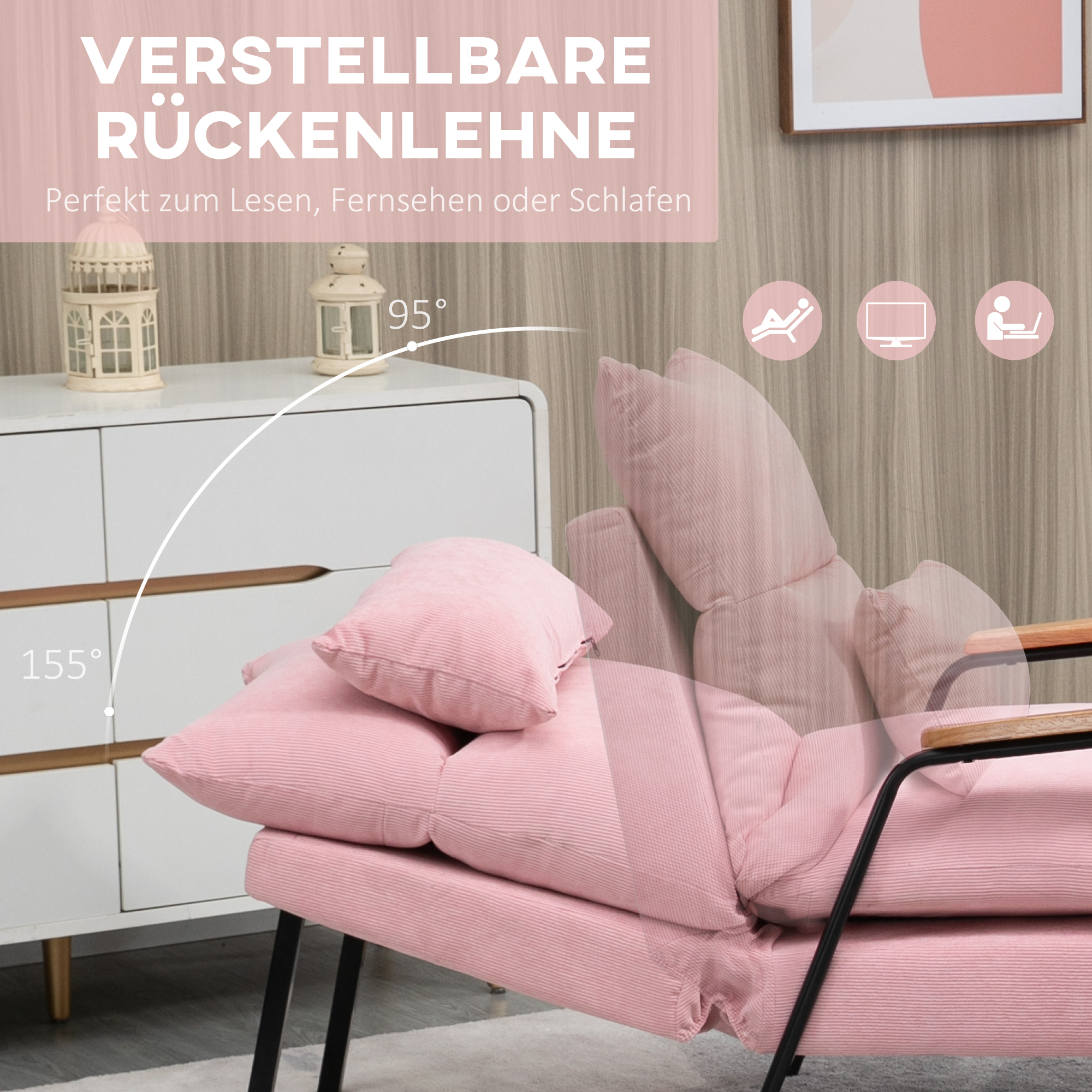 Rosa Cord-Armlehnsessel mit verstellbarem Rücken. Das Bild zeigt Winkel des Stuhls.