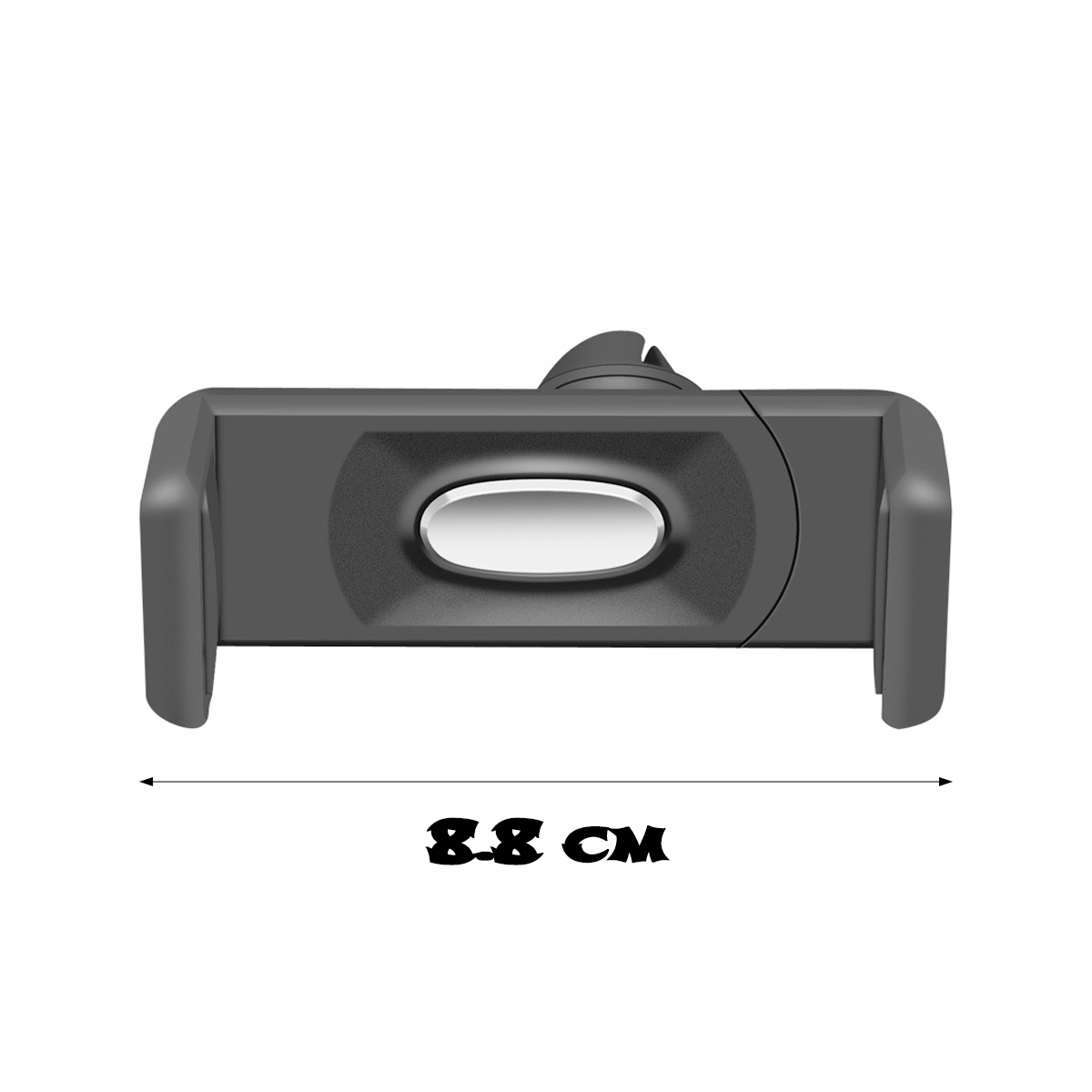 Schwarzer Handy-Autohalter mit weißem, ovalem Knopf und 8,8 cm Messung.