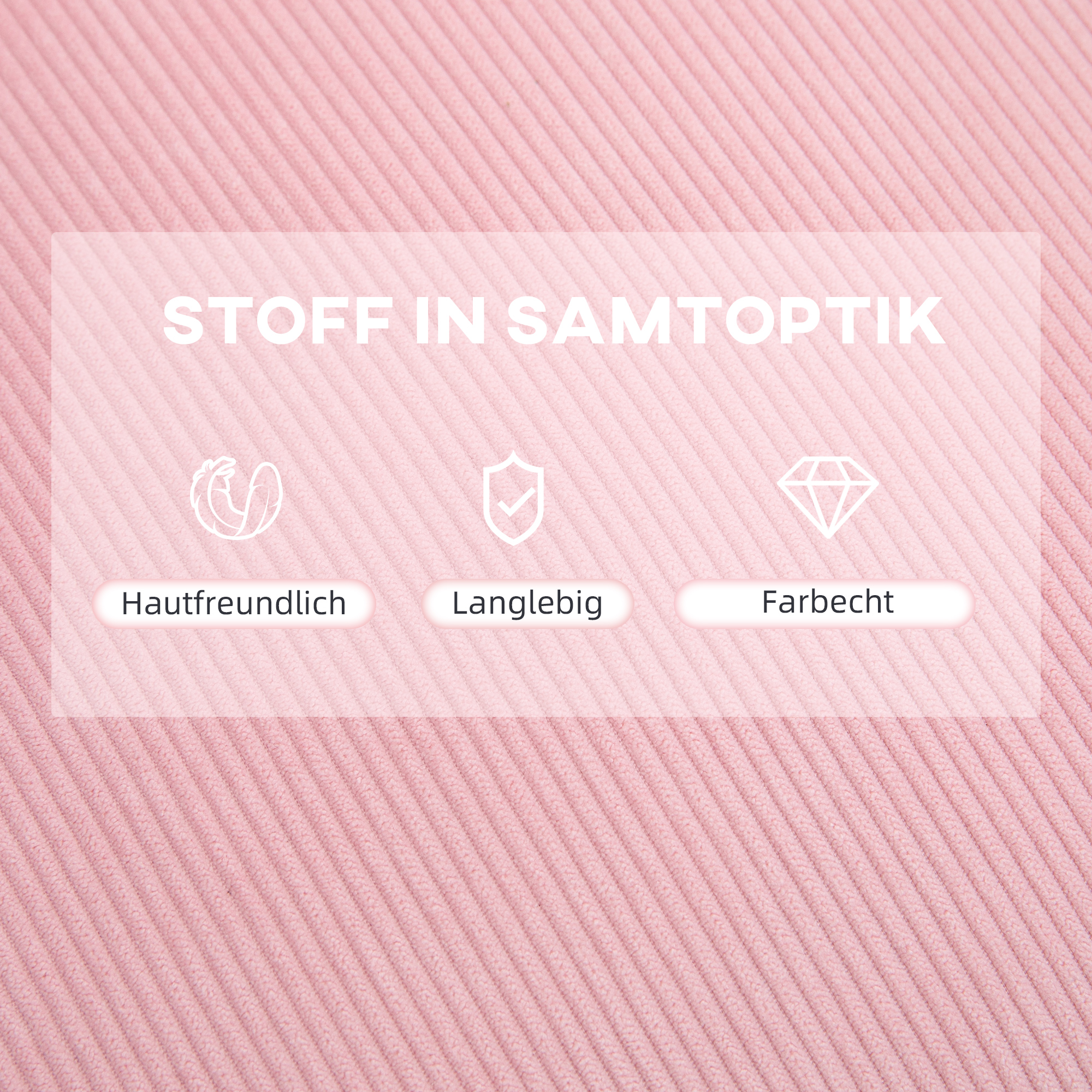 Nahaufnahme eines rosa Stoffes. Text sagt: hautfreundlich, langlebig und farbecht. Es ist eine Nahaufnahme.