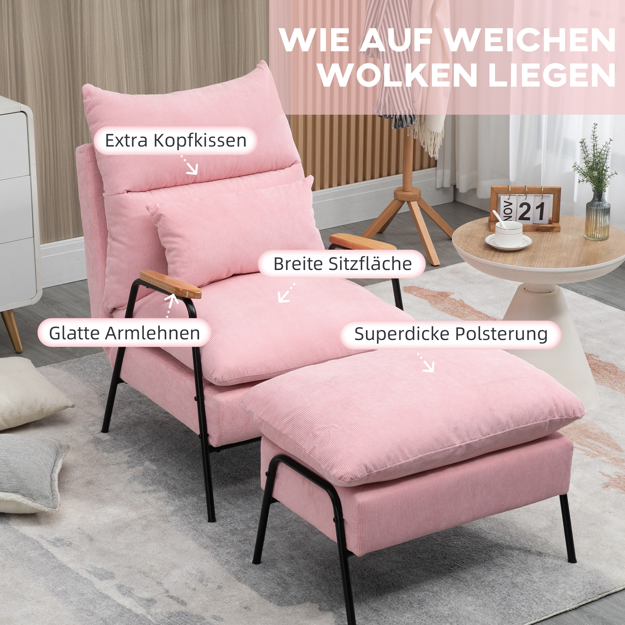 Rosa Sessel und Ottomane auf hellem Teppich. Textbezeichnungen weisen auf: Extra Kissen, breite Sitzfläche, glatte Armlehnen, dicke Polsterung.