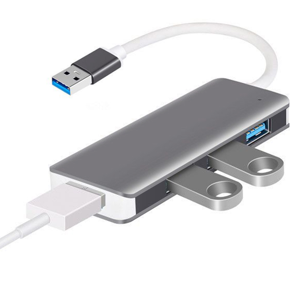 Grauer USB-Hub mit mehreren Anschlüssen. USB- und USB-C-Anschlüsse sind sichtbar.