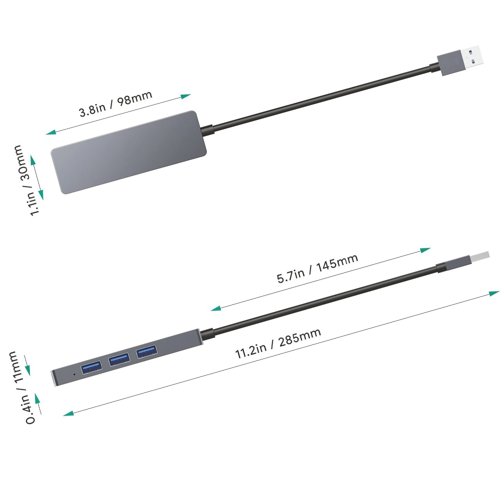 Zwei graue USB-Hubs mit Abmessungen und Anschlusskabeln werden gezeigt.