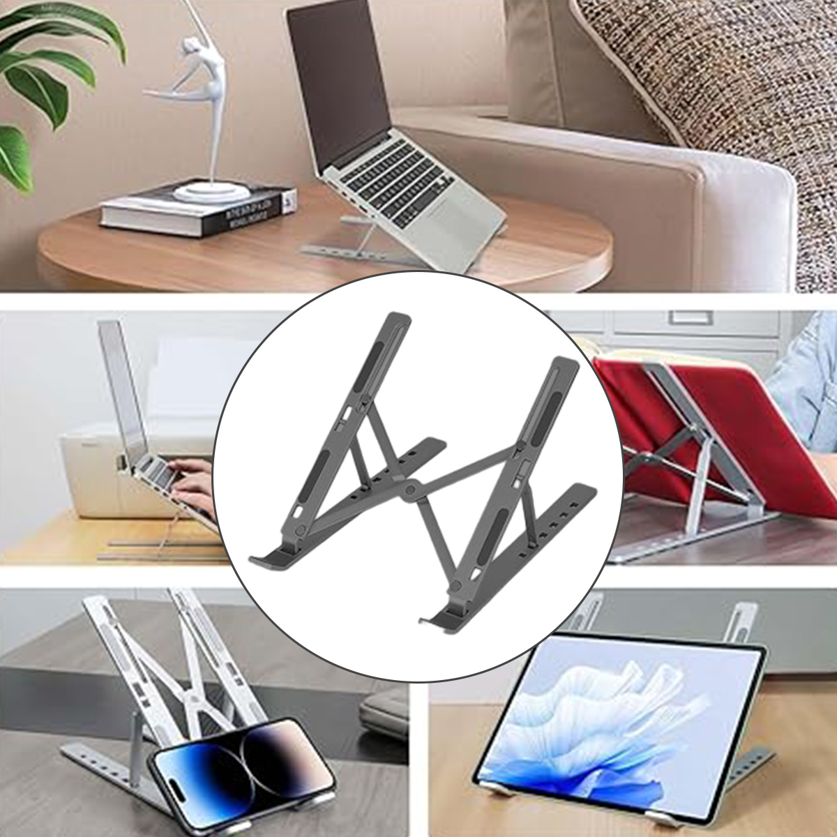 Mehrere Bilder von Laptopständern, die einen Laptop, ein Tablet und ein Telefon auf verschiedenen Oberflächen halten.