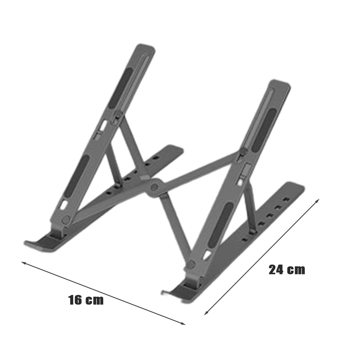 Grauer Laptopständer, mit den Maßen 16 cm x 24 cm, auf weißem Hintergrund.