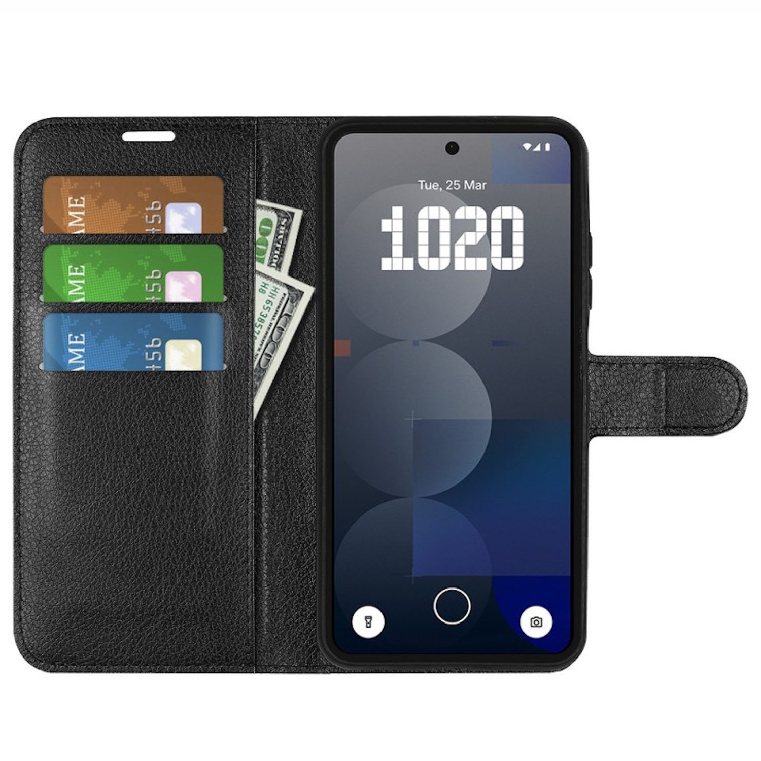 Schwarze Handyhülle mit Telefon, das Uhrzeit, Kreditkarten und Dollar zeigt.