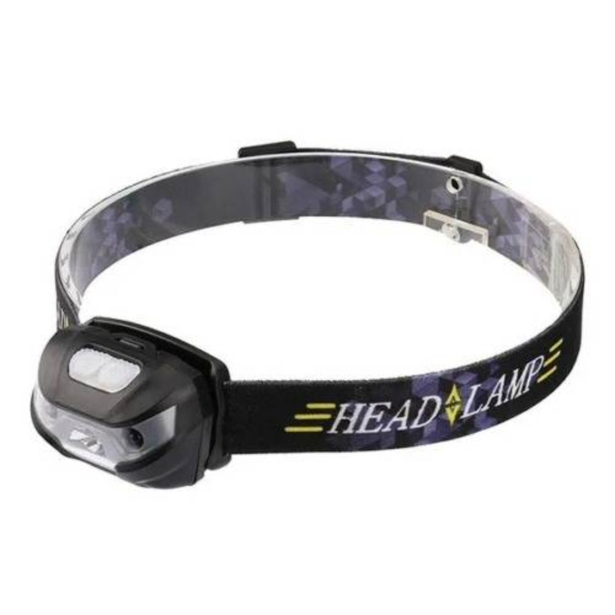 Stirnlampe mit schwarzem Riemen und schwarzem Leuchtengehäuse. Auf dem Riemen steht Head Lamp.