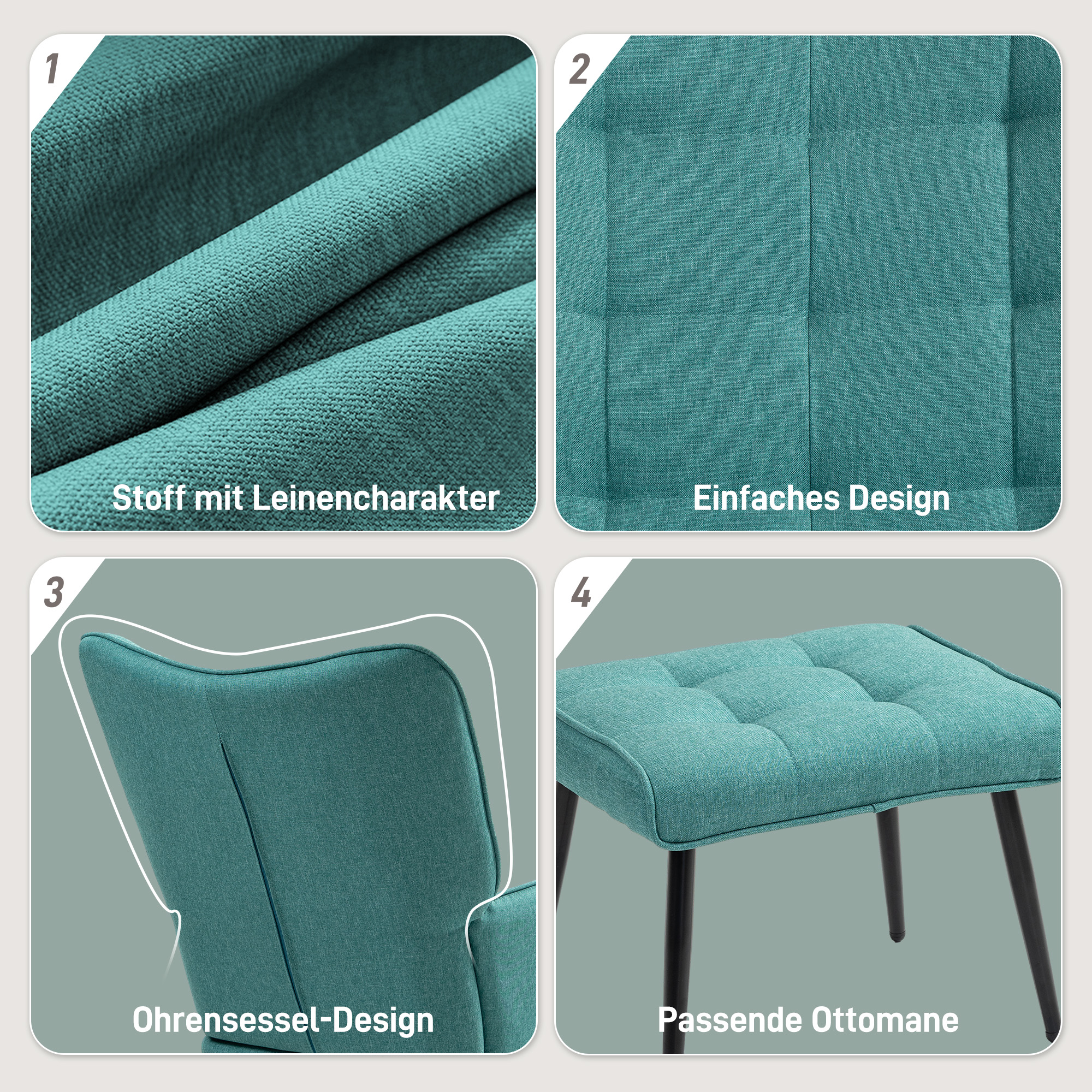 Vier Nahaufnahmen von türkisfarbenem Stoff. Zeigen Textur, Design, Stuhlrücken und Fußhocker.