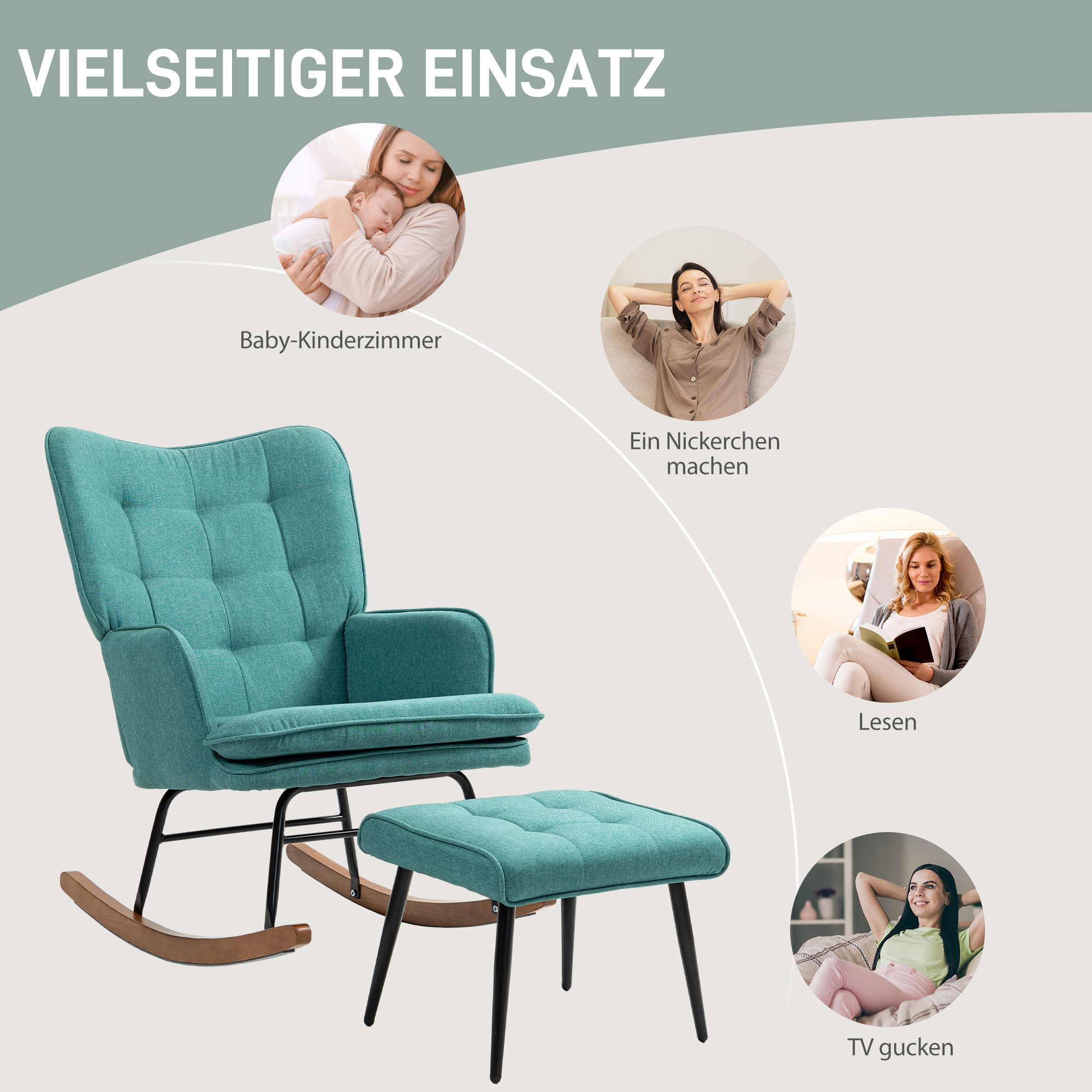 Schaukelstuhl und Fußhocker. Nutzungsszenen: Babyzimmer, Nickerchen, Lesen, Fernsehen.