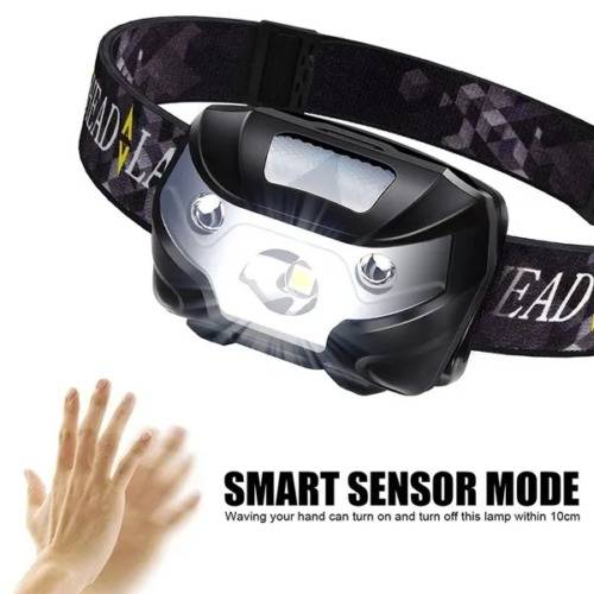 Schwarze Stirnlampe mit Handgeste und intelligentem Sensormodus.