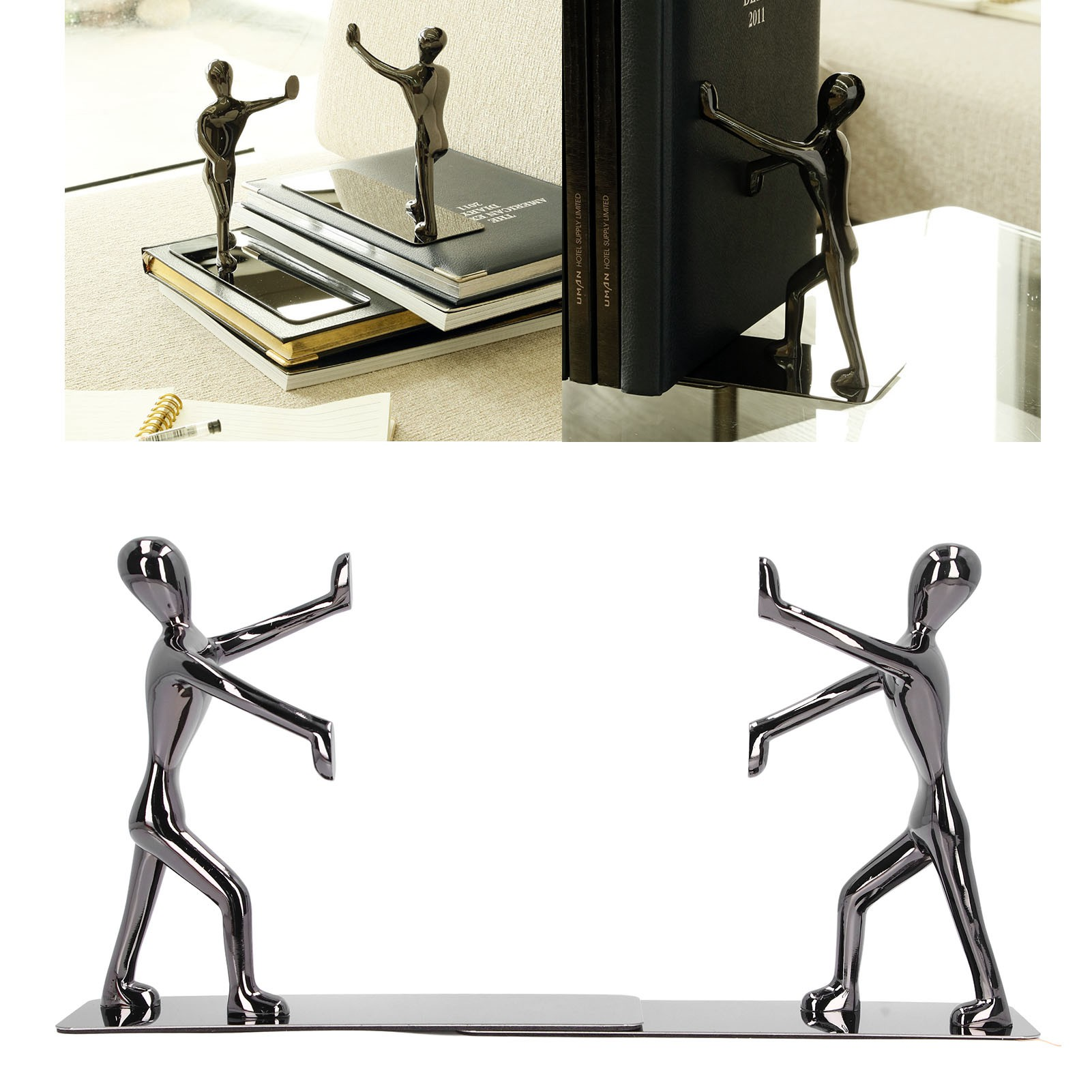 Zwei metallische Figuren von Männern, die als Buchstützen dienen und ihre Arme ausstrecken, um Bücher zu stützen.