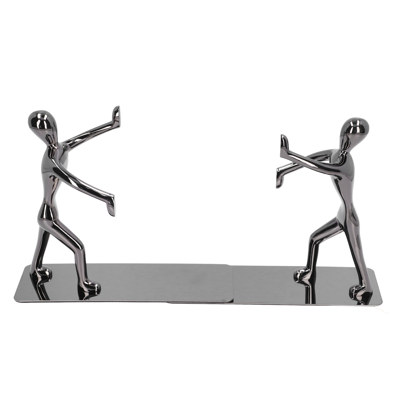 Zwei metallische Buchstützen in Form menschlicher Figuren, jeweils mit ausgestreckten Armen, die eine Oberfläche halten.