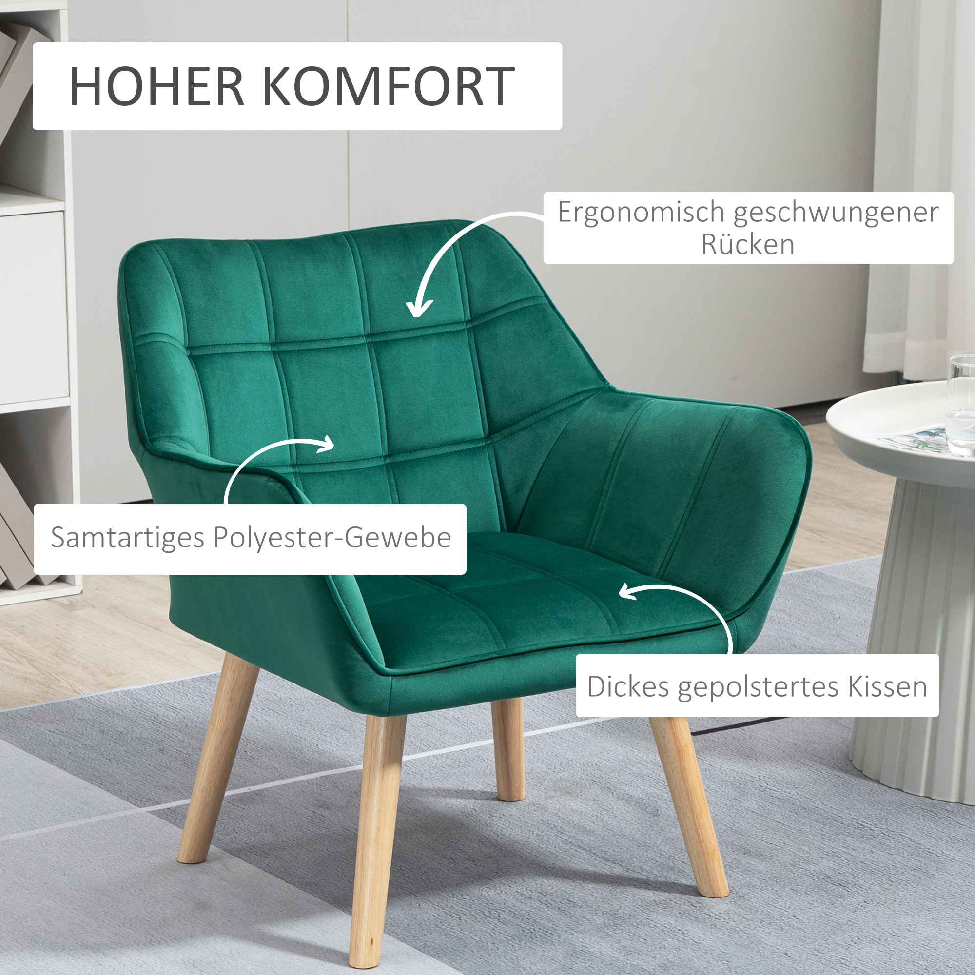 Grüner Sessel mit Holzbeinen. Merkmale: ergonomischer Rücken, gepolstertes Kissen, Polyestergewebe.