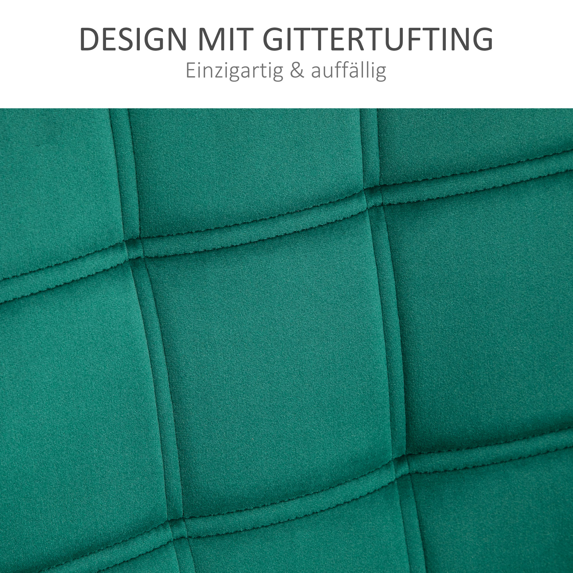 Nahaufnahme eines grünen, getufteten Stoffes. Der Stoff hat ein quadratisches Muster mit Stepplinien.