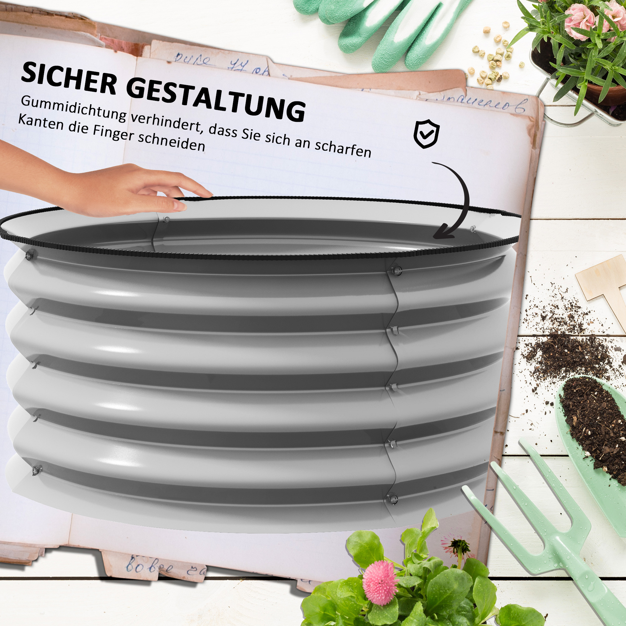 Metall-Gartenbeet. Weiß, gerippte Außenseite. Offene Oberseite. Hand berührt den Rand. Text-Overlay.