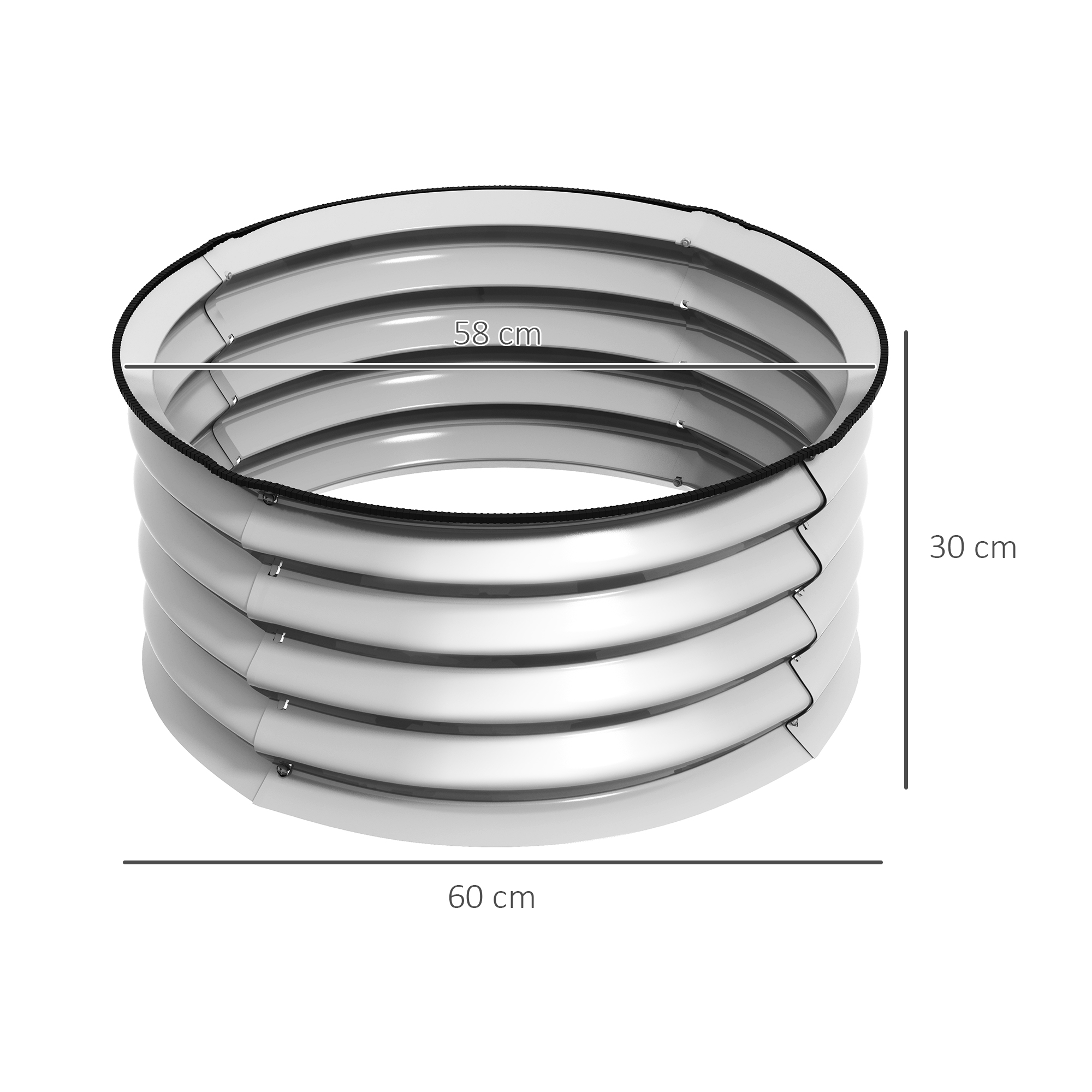 Weißes, kreisförmiges Hochbeet mit Maßen in Zentimetern: 58 cm, 30 cm und 60 cm.