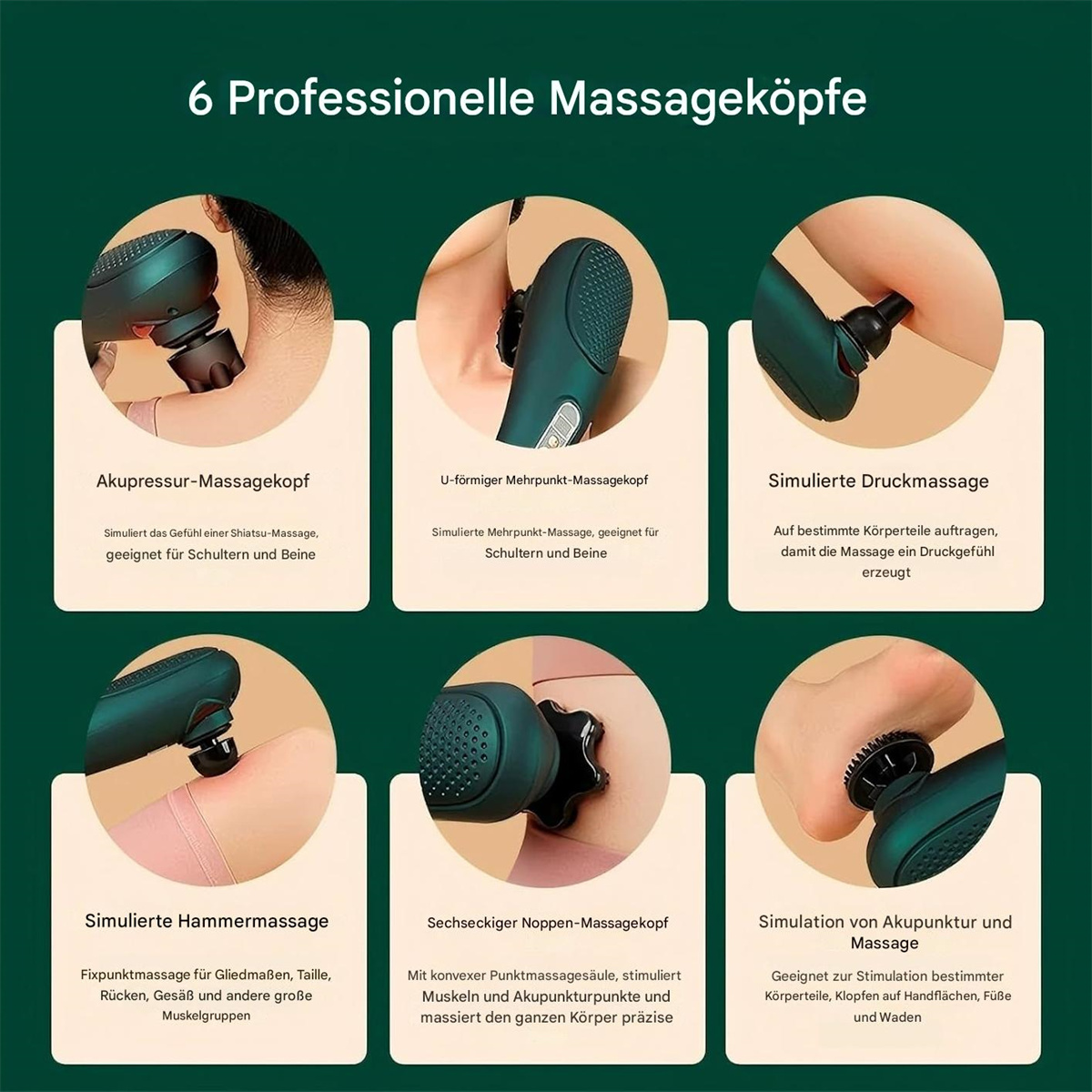 Das Bild zeigt 6 professionelle Massageköpfe mit Beschreibungen auf Deutsch. Konzentriert sich auf die Körpermassage.
