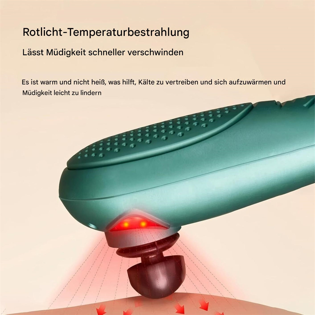 Türkisfarbenes Massagegerät mit rotem Licht auf der Haut des Benutzers, das den Bereich hervorhebt.
