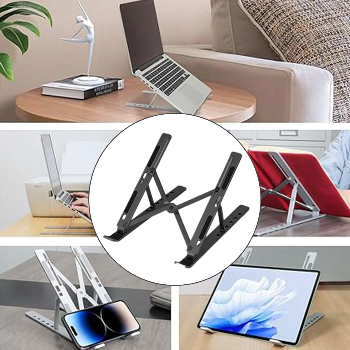 Laptopständer in Gebrauch. Mehrere Bilder, die verschiedene Geräte zeigen. Der Hintergrund variiert.