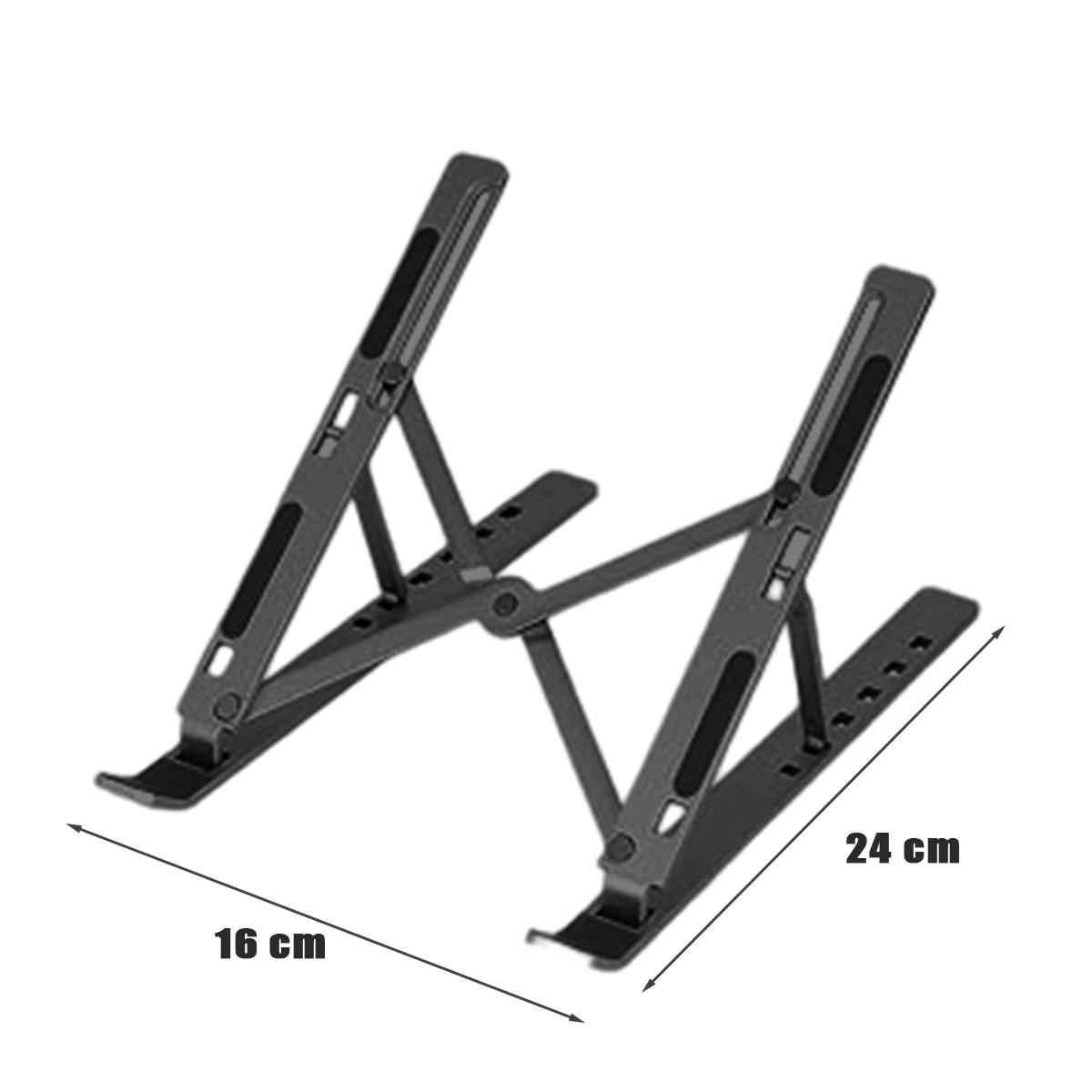 Schwarzer Laptopständer, ausgeklappt. Er hat eine 16 cm Basis und ist 24 cm breit.