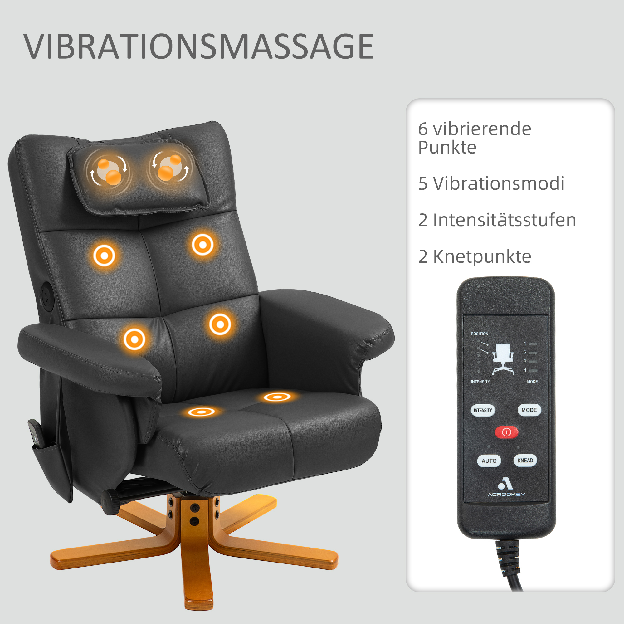 Schwarzer Massagesessel mit 6 Vibrationspunkten, 5 Modi, 2 Intensitätsstufen und 2 Knetpunkten.