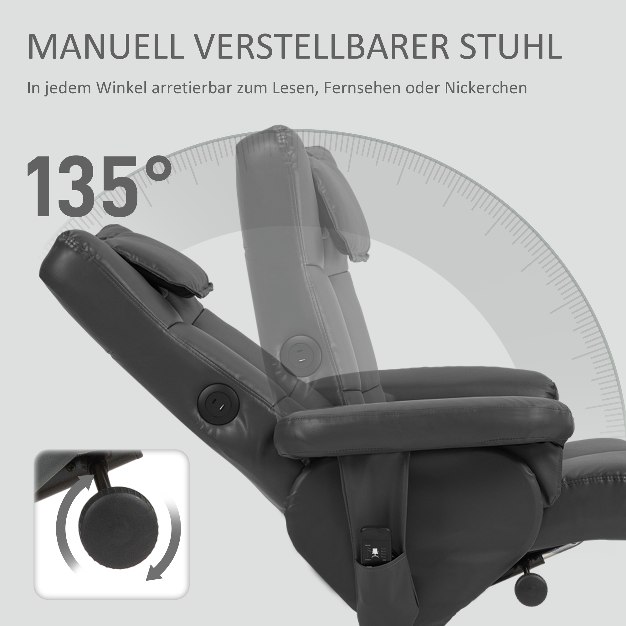 Schwarzer Relaxsessel, manuell auf 135 Grad verstellbar. Eine Fußstütze ist ebenfalls abgebildet.