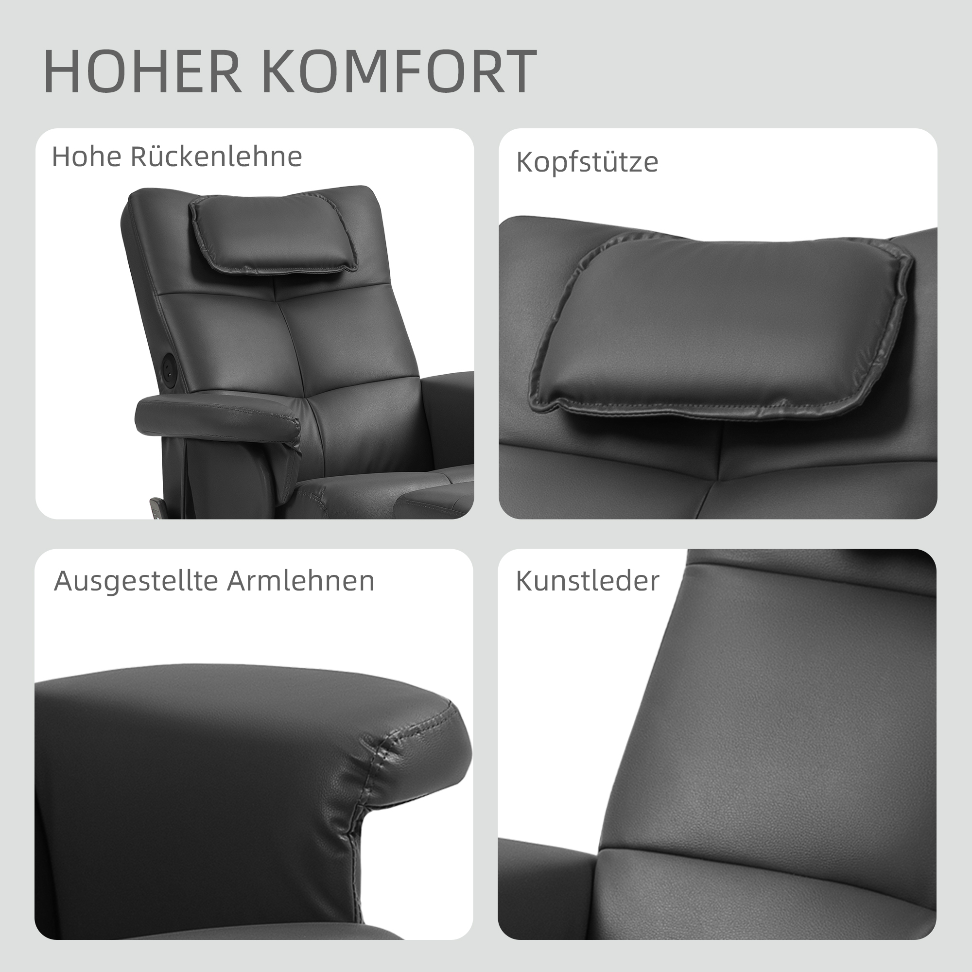 Nahaufnahmen von Details eines schwarzen Leder-Relaxsessels: Kopfstütze, Armlehne und Sitz.