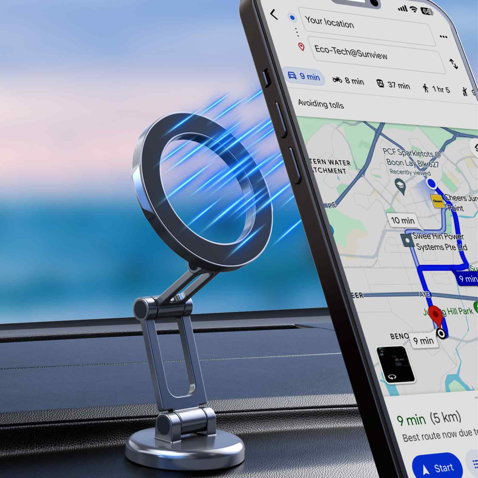 Ein silberner Telefonhalter auf einem Armaturenbrett, neben einem Telefon mit Navigation auf dem Bildschirm.