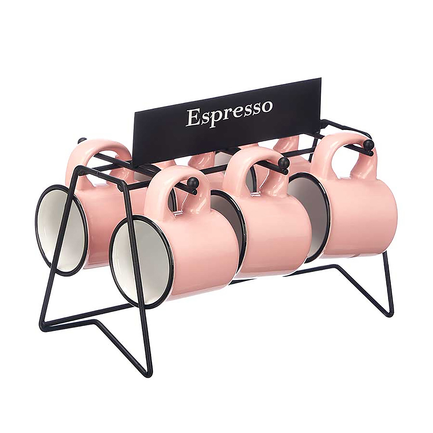 Un supporto in metallo nero con sei tazze da espresso rosa con interni bianchi. Segno Espresso in alto.