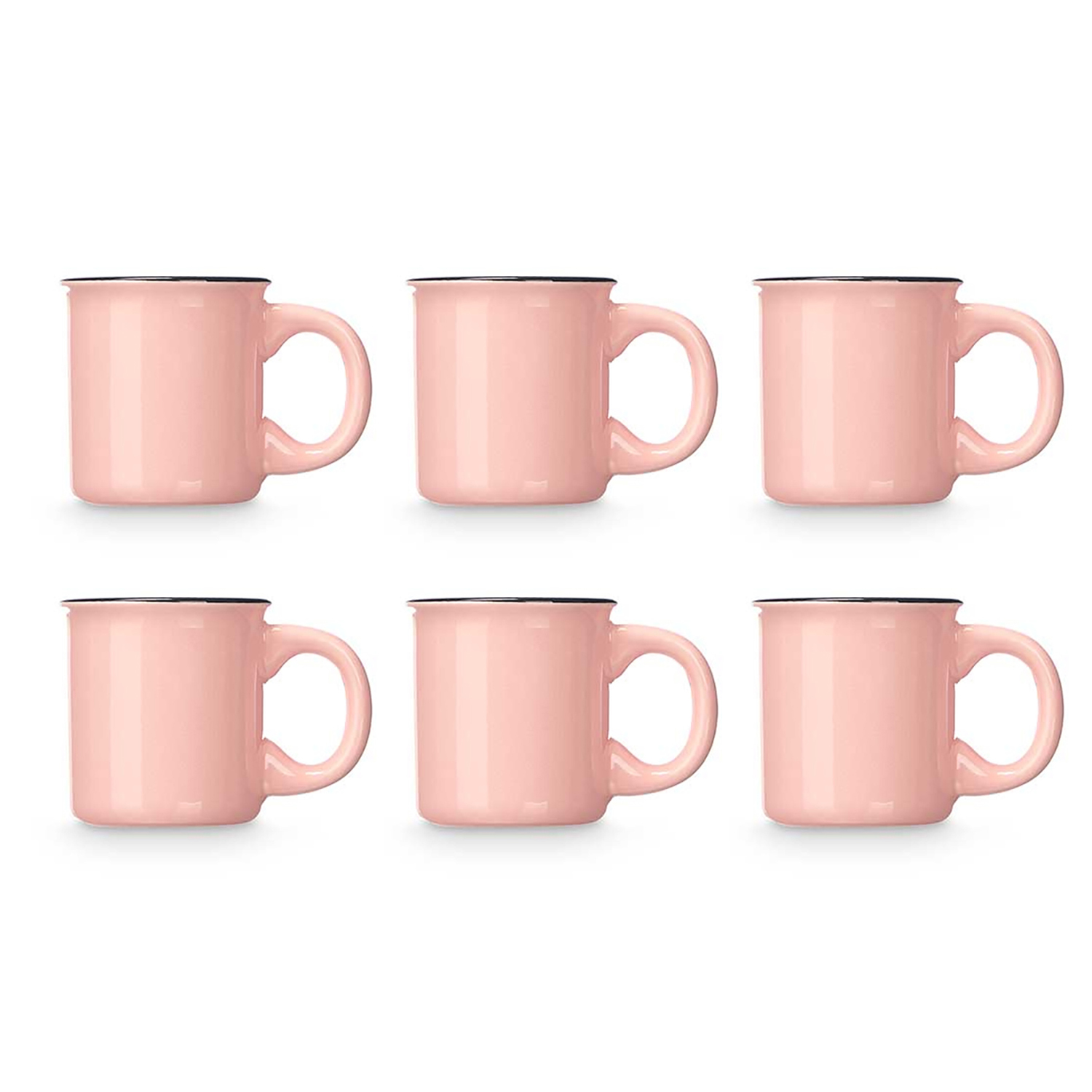 Sei tazze rosa in ceramica su sfondo bianco.