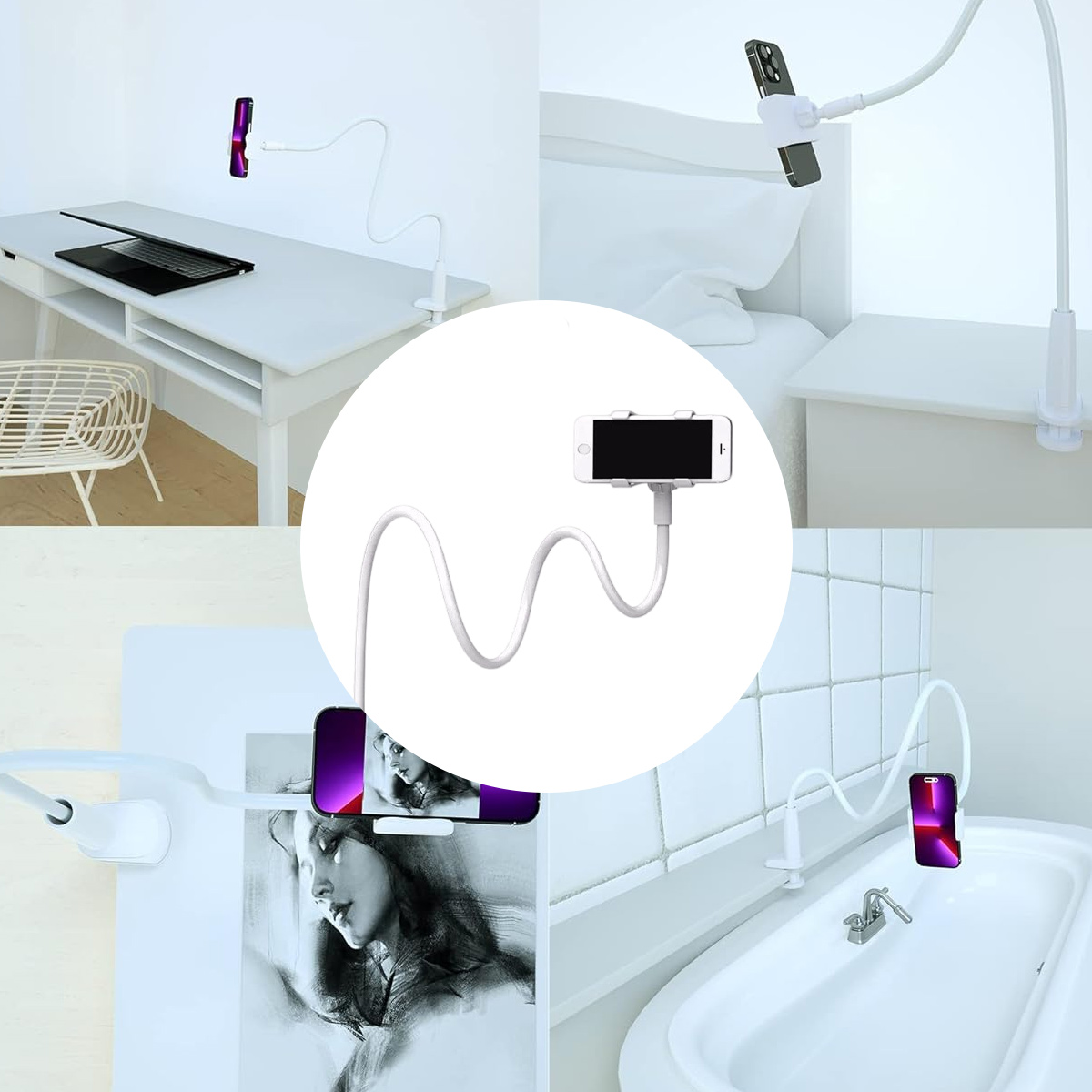 Mehrere Bilder zeigen ein Telefon, das auf einem flexiblen Ständer in verschiedenen Umgebungen montiert ist.