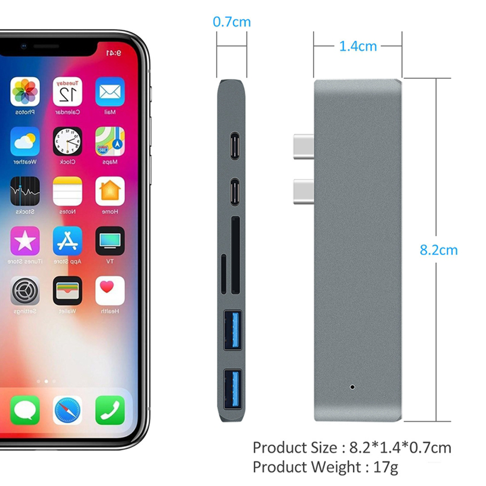 Ein grauer Hub mit Anschlüssen und einem Telefon. Abmessungen werden angezeigt.