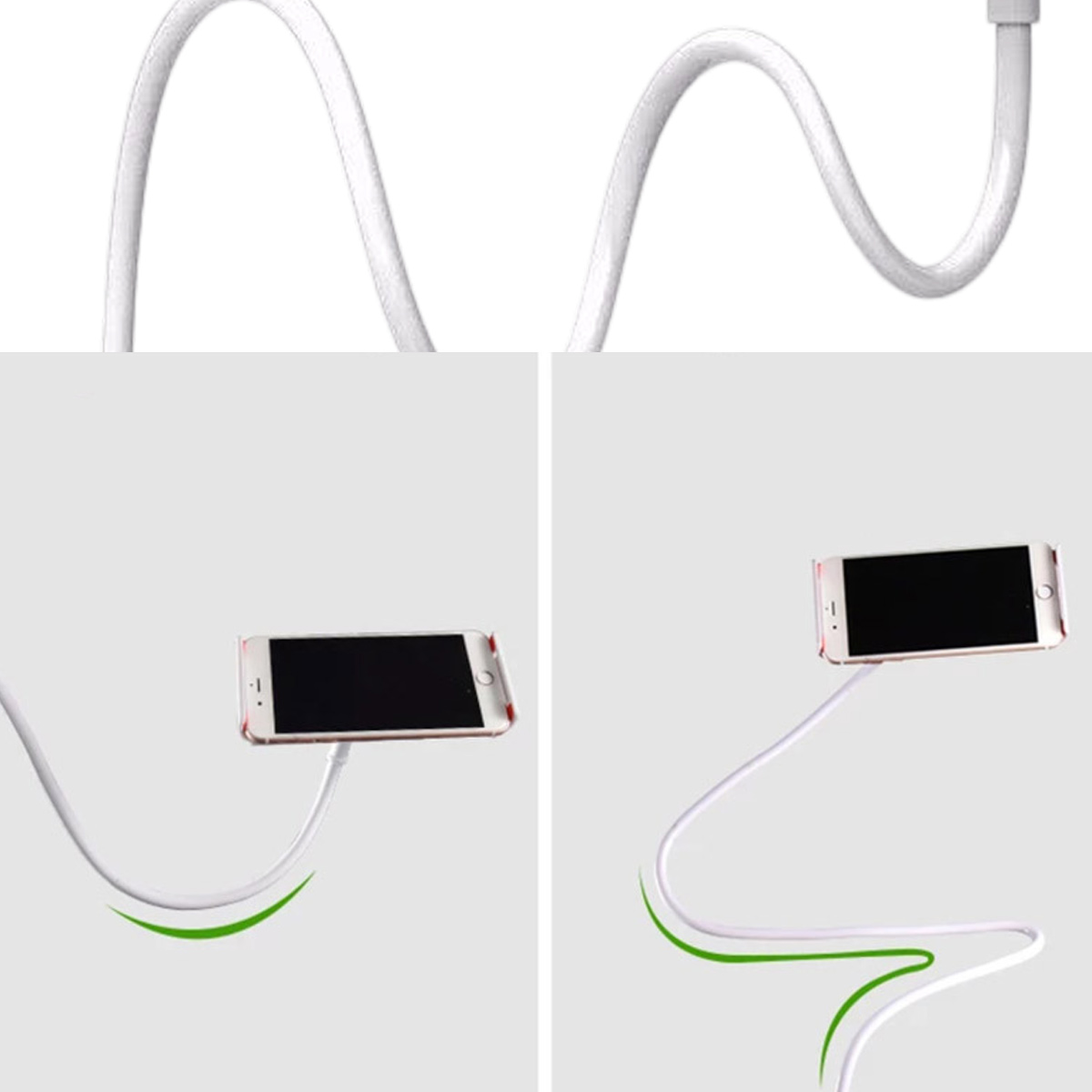 Weißer flexibler Telefonständer mit befestigtem Telefon. Mehrere Ansichten.