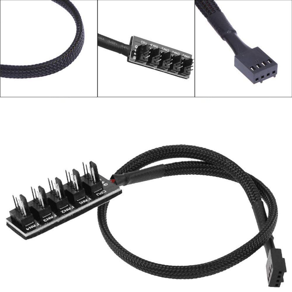 Computer-Lüfteranschlüsse, schwarze Kabel, mehrere Anschlüsse.