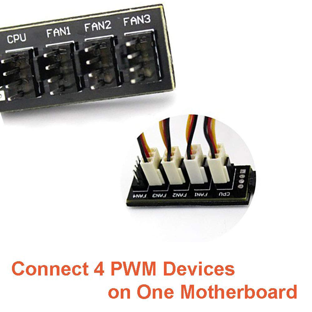 Schwarze Anschlüsse für Lüfter. Text: 4 PWM-Geräte an einem Motherboard anschließen.