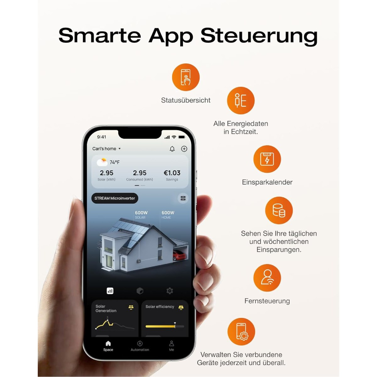 Smartphone, das die Smart Home App-Oberfläche mit Energiedaten anzeigt.