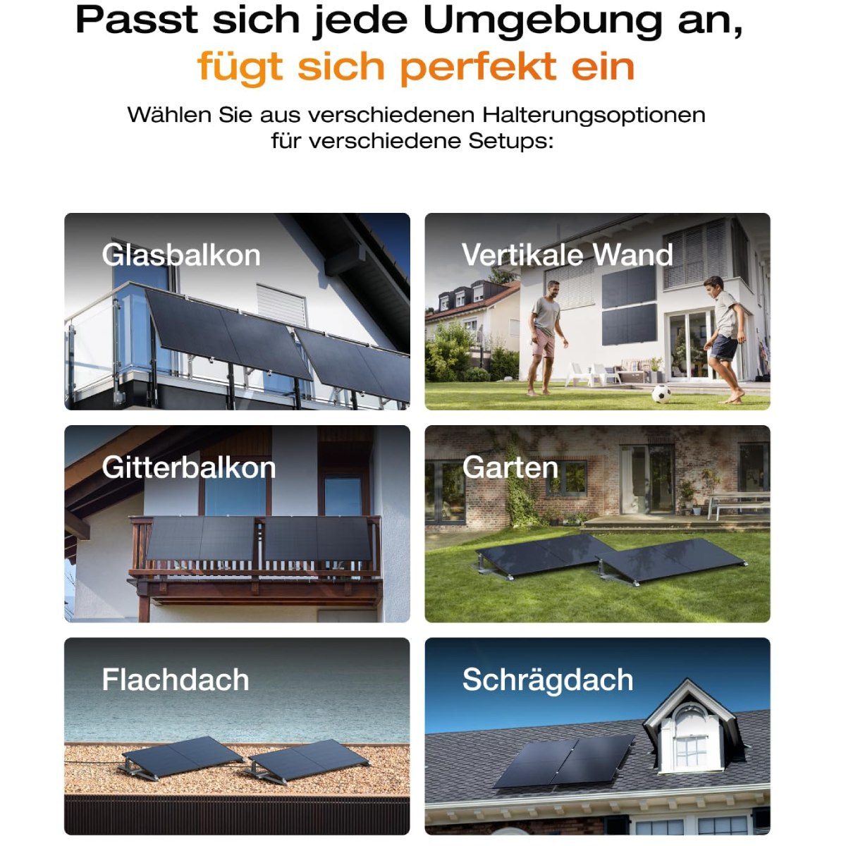 Collage von Solarpanel-Installationsoptionen. Verschiedene Einstellungen: Balkon, Garten, Flachdach usw.