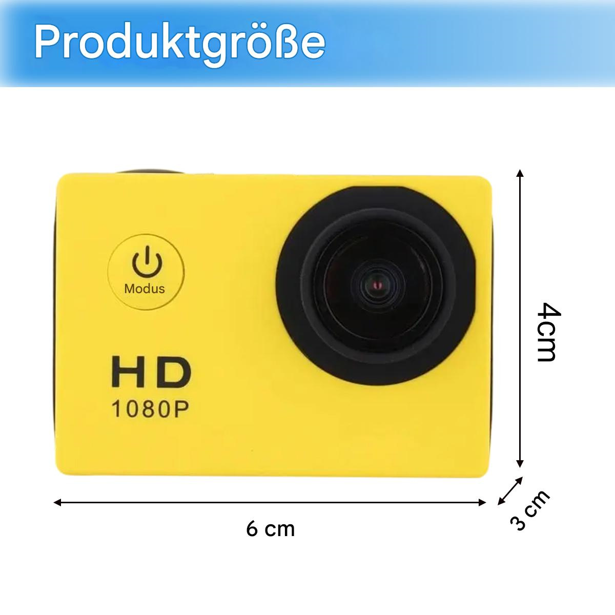 Gelbe Action-Kamera, Abmessungen: 6 cm breit, 4 cm hoch und 3 cm dick. HD 1080P.