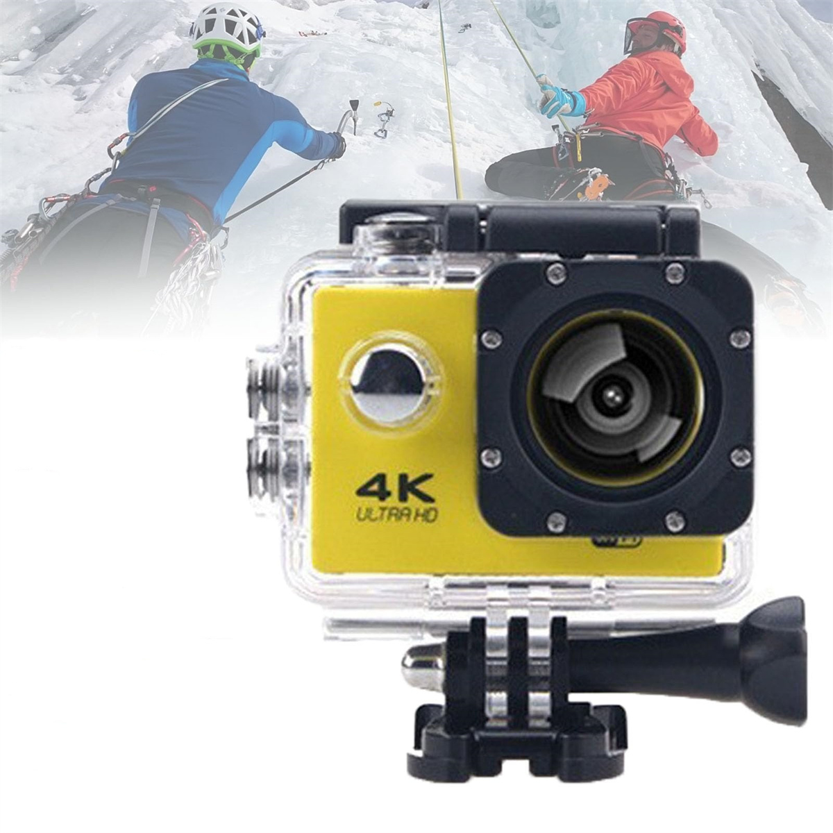Gelbe Action-Kamera mit 4K Ultra HD-Label. Der Hintergrund zeigt verschneite Berge und Eiskletterer.