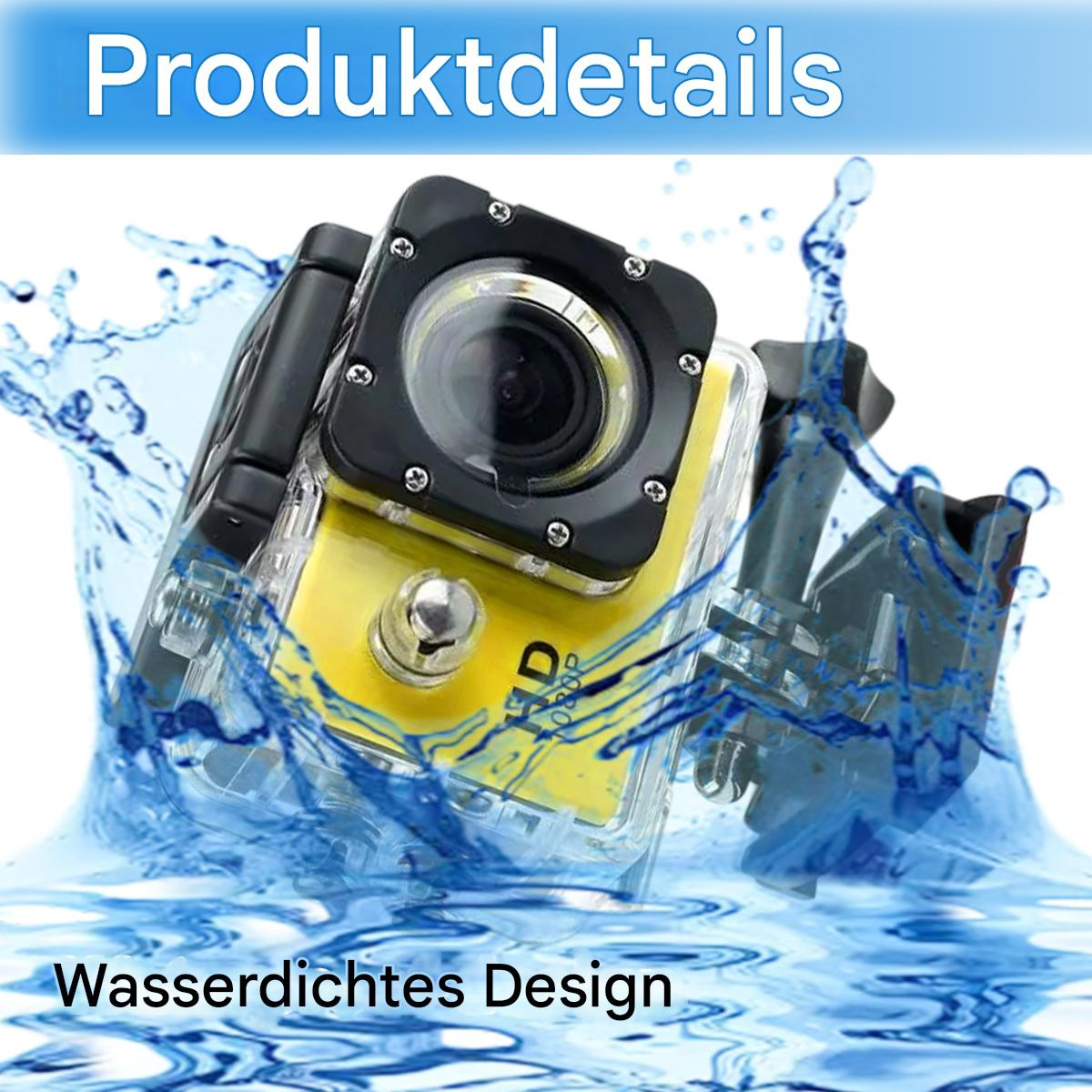 Wasserdichte Action-Kamera im Wasser, mit Text 'Produktdetails' und 'Wasserdichtes Design'.