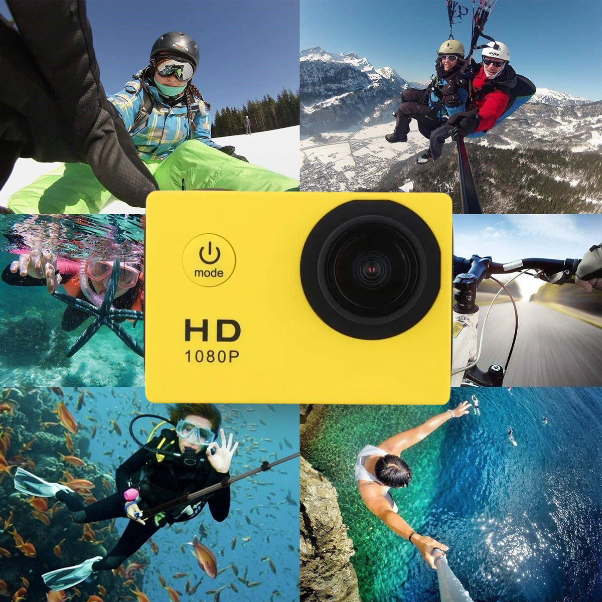 Eine gelbe Action-Kamera mit mehreren Szenen: Tauchen, Skifahren, Fallschirmspringen, Radfahren und Selfie.