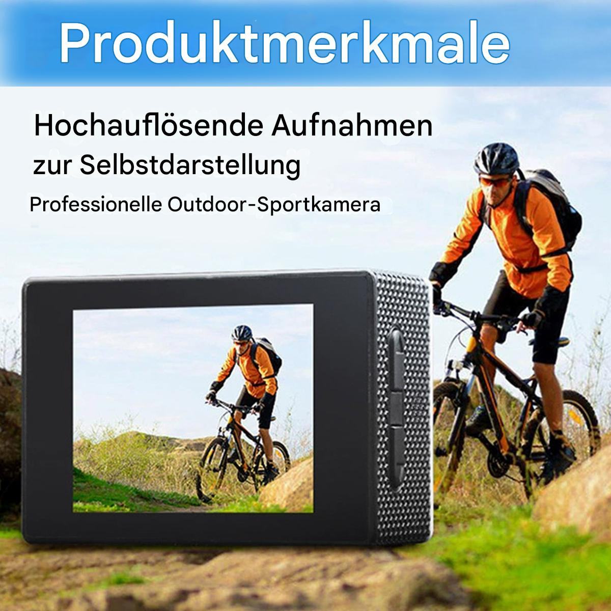 Eine schwarze Kamera mit einem Radfahrer auf dem Bildschirm. Text sagt 'Produktmerkmale' und 'Outdoor-Sportkamera'.