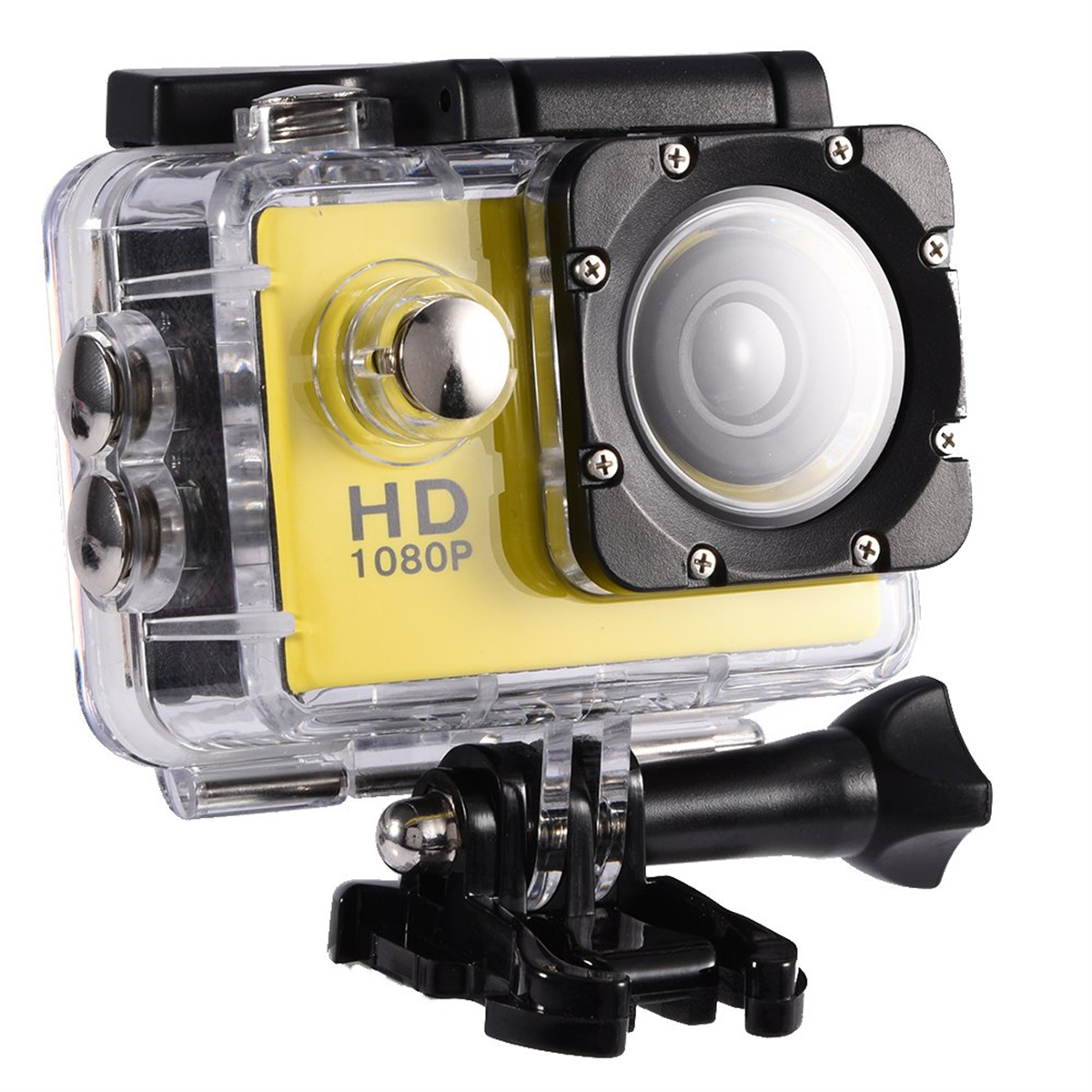 Gelbe HD 1080P Action-Kamera in einem transparenten wasserdichten Gehäuse, schwarze Halterung.